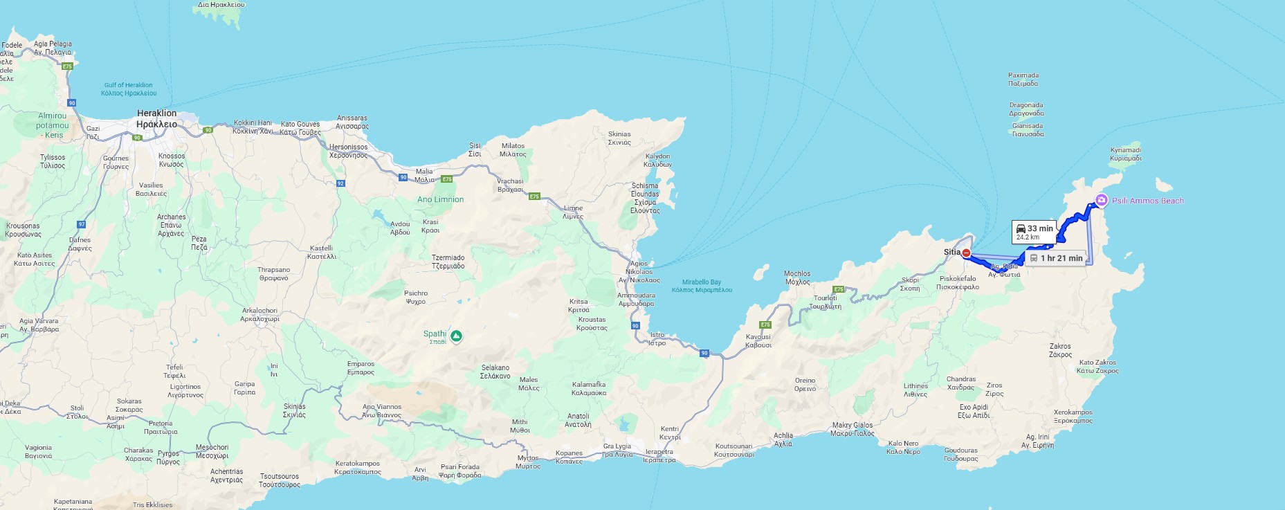 Route Sitia to Vai Beach